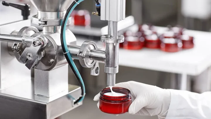 Worker Filling Container With Cream Cosmetic Factory